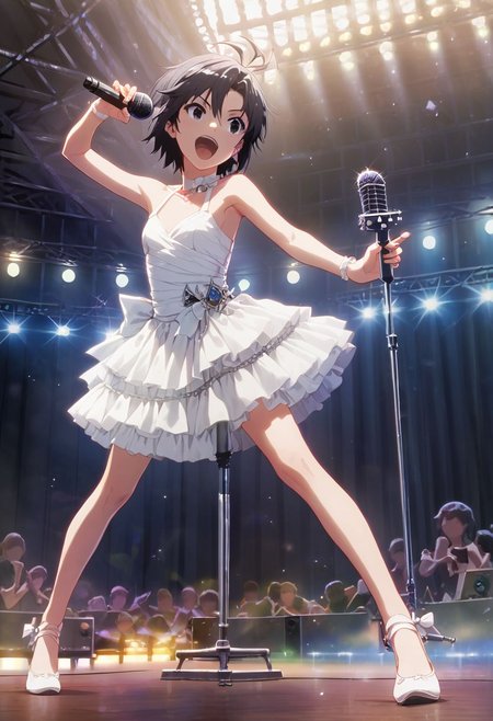 score_9,score_8_up,score_7_up,score_6_up,source_anime, <lora:Worldly_XL:1.00> assembly line, foundry, furnace, old factory, skylight, rooflight, (rock concert, microphone stand, microphone:1.3), 
1girl, solo, full figure, standing, dynamic pose, singing, dancing, <lora:KikuchiMakoto_pony_v1:0.9> kikuchi makoto, kkcmkt, short hair, black hair, antenna hair, hair between eyes, black eyes, flat chest, small breasts,  (long legs:1.2), white dress, white shoes, delicate strappy heels,
hands, <lora:detailed_hands:1.05> <lora:HandFineTuning_XL:0.65>
<lora:loraeyesxl:0.65>
zPDXL, zPDXL-neg