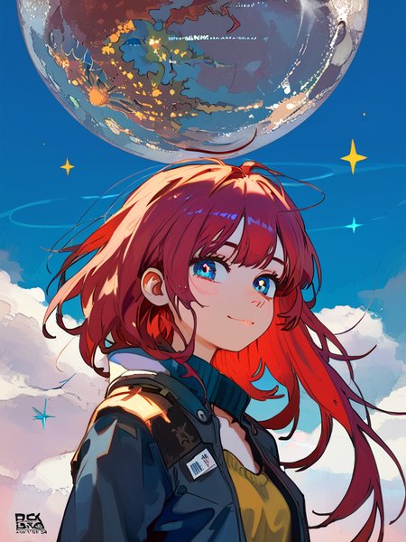 PDXL, <lora:KukkaV2:1>, kukk4, volumetric reflections, volumetric shadows, HDR, shot on Canon DSLR,
1girl, cute face, detailed eyes, long red hair, blue eyes, upper body BREAK galaxy in the background, clouds