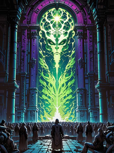famous fantasy painting of a strange eldritch portal, archway, magic portal, a crowd of hooded robed figures gathers around the mysterious structure, highly aesthetic, high resolution, hyper realistic, 8k, 4k, low angle view, dramatic composition, epic, accurate, at night, dim lighting, beckoning, the children of the night, the spirits of the undead, and the lesser lights, now the time has come to reach out, we must heed their calls, when strange gateways beckon, obsidian black and indigo blue and plum purple and chartreuse, deadly yet beautiful, ancient temple background with ominous lighting, crawling chaos, eldritch vapors, eldritch glow, ethereal light, lovecraftian, cthulhu mythos, dvr-dm-flux, g0thicl1nes, <lora:style-dan_mumford-flux-by_dever:0.8> <lora:style-mythic_fantasy-gothic_lines-flux-by_velvets:0.88> <lora:style-retro_anime-flux-by_lizardman245:0.24> <lora:epic_gorgeous_details-balance-flux-by_flyway:0.48>