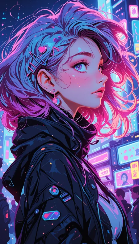masterpiece, Shinkaistyle,
pinkretroanime, retro art,
Cyberpunk Style, cyberpunk, science fiction, hi tech, future tech, neon, (Cybernetics:1.25), (Neon Cityscape:1.4), (lineless:1.5), smooth edges, (lighten the face:1.5), tall body, slender body, fit body, long legs, The image depicts a vibrant anime-style character with short blue hair styled in a modern bob cut, adorned with colorful accessories and what appears to be holographic or digital elements in her hair, giving off a futuristic vibe. Her attire is an open jacket with a kaleidoscopic pattern, revealing a top layer that transitions from dark to lighter colors, possibly reflecting her cheerful demeanor. The character's face is animated with youthful energy and a slight smile, expressing a friendly disposition. The background is a blend of real-world elements with artistic stylization. There's a metropolitan backdrop that seems to be a cityscape at night, with buildings illuminated by neon lights. The colors are rich, with the urban environment bathed in an array of pinks, blues, and purples, contributing to an atmospheric ambiance. The character is positioned slightly off-center towards the left side of the image, creating a dynamic composition that draws the viewer's eye through the scene. The angle from which the photo was taken appears to be from below, giving a sense of being close to the character and looking up at them. This perspective adds a layer of intimacy and makes the character appear larger than life. The lighting in the image is bright but not overly harsh, casting soft shadows that highlight the contours of the character's face and body. The reflections on various surfaces suggest a wet or reflective environment, adding depth to the scene. There are no visible texts within the image., 1girl, solo, long hair, looking at viewer, blush, short hair, open mouth, bangs, blue eyes, shirt, hair ornament, long sleeves, jewelry, blue hair, jacket, upper body, pink hair, purple hair, heart, multicolored hair, sweat, earrings, outdoors, parted lips, sky, glasses, solo focus, hairclip, hood, medium hair, blurry, from side, two-tone hair, lips, black jacket, looking to the side, eyelashes, aqua hair, hoodie, gradient hair, profile, makeup, night, floating hair, depth of field, blurry background, piercing, hood down, ear piercing, bandaid, hooded jacket, multicolored clothes, eyeshadow, zipper, backlighting, pink lips, city, multicolored eyes, heart hair ornament, sideways glance, hair behind ear, evening, crowd, colorful, city lights, cyberpunk, sticker, neon lights