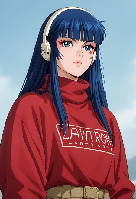 score_9, score_8_up, score_7_up, realistic, fine anime screencap_xl, anime screencap, ladykayura, kayura, ronin warriors, solo, 1girl, retro, blue hair, 1980s (style), bangs, long hair, blue eyes, portrait, eye makeup, dark_techwear urban techwear, street fashion, baggy jncos, cargo pant, hoodie, mock turtleneck, headphones,