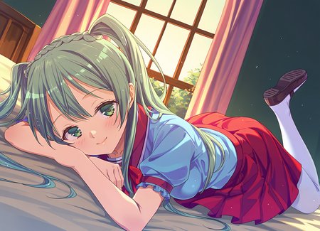 score_9, score_8_up, score_7_up, masterpiece, best quality, absurdres, official art, official style, (anime screencap, megami magazine:1.2), zPDXL2, zPDXLxxx, <lora:Lip Gellsalk Senglucul (Silky Lip) Pony v1_epoch_10:1.0>, 1girl, solo focus, silkylip, magical girl, BREAK, green eyes, BREAK, green hair, long hair, twintails, braid hair tie, BREAK, school uniform, BREAK, red ribbon, BREAK, red skirt, miniskirt, BREAK, white thighhighs, BREAK, shoes, BREAK, <lora:neg4all_bdsqlsz_xl_V91:1.0> <lora:ALTXL_pony_0061_8:2.0>, <lora:detailed_hands-000002:1>, hand bedroom, on bed, bed sheet, morning, dim lighting, light particles, on stomach, from above closed eyes, smile, looking at viewer,