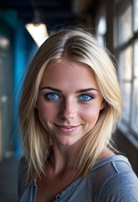 1girl, solo, looking_at_viewer, blonde hair, blue eyes, mysterious smile, urban setting, indoors