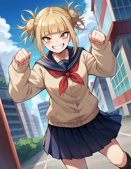 score_9, score_8_up, score_7_up, source_anime,
himikotoga, <lora:himiko-toga-ponyxl-lora-nochekaiser:1>,
himiko toga, bangs, blonde hair, yellow eyes, blunt bangs, hair bun, double bun, messy hair, smile, grin,
skirt, long sleeves, school uniform, pleated skirt, shoes, serafuku, socks, sailor collar, blue skirt, neckerchief, kneehighs, brown footwear, cardigan, black socks, loafers, red neckerchief, yellow cardigan,
outdoors, cityscape,
looking at viewer, cowboy shot, dutch angle, dynamic pose,