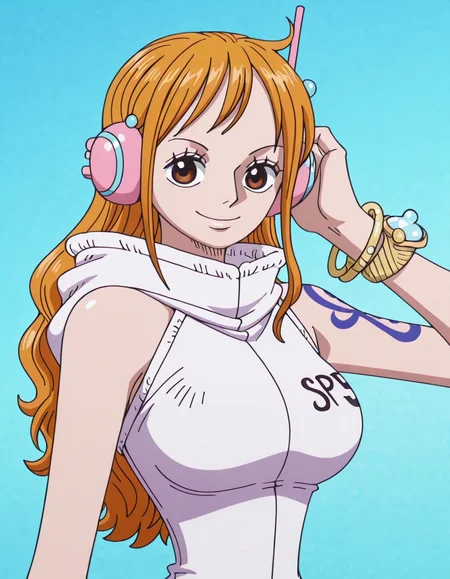<lora:NamioutfitsIllustrios1.1JLFO:1> namiop, 1girl, long hair, orange hair, solo, breasts, brown eyes, egghead_island, bracelet, headphones, arm tattoo, hood,looking at viewer, smile,