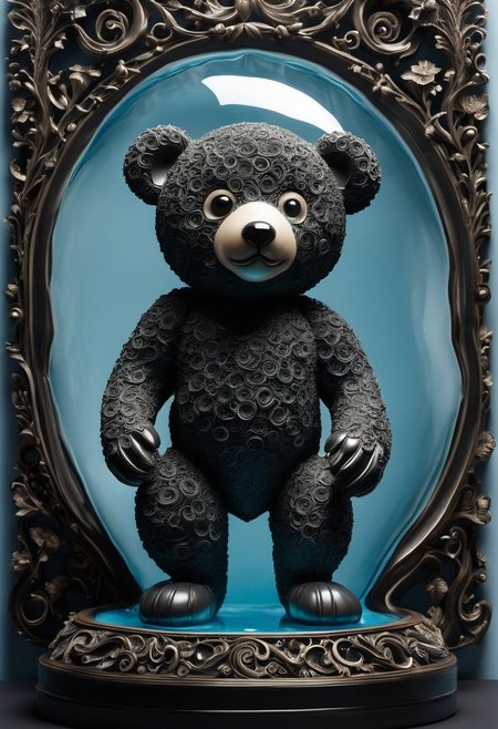 The balloon bear shape is made of transparent, inflatable material, with small marble ball and crystal inside the animal's body, against a light blue background and with studio lighting. The floral design art style features glass sculptures, resin material, and high-definition images. It has clear edges in the composition. This artwork was created in the style of Satoru Katsura. SDXL_POS, XL_NEG