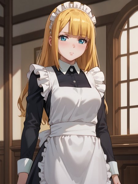score_9, score_8_up, score_7_up, score_6_up, score_5_up, score_4_up, source_anime,,cinematic shadow, character focus, detailed skins, perfect curvy medium breasts,(cowboy shot:1.4),body blush,<lora:StS_PonyXL_Detail_Slider_v1.4_iteration_3:4>,  <lora:Tuareninya_Veyron__Overlord_:1>,tuareninya,long blonde hair,straight hair,bangs,blunt bangs,blue eyes,tuareninyamaid,maid,maid headdress,frilled white maid apron,frills,black long sleeves dresss,standing, expressionless, random sexy pose, covered collarbone,