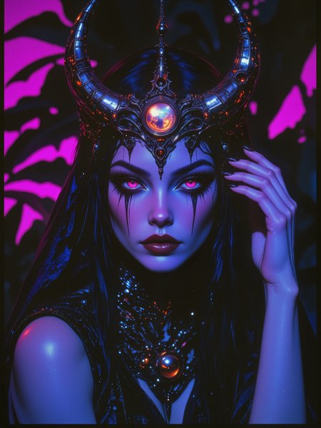 famous artwork, hyper-realistic, photo-realistic, award-winning 80s cinematic fantasy movie scene in an otherworldly jungle, highly aesthetic, high resolution, uhd, 8k, 4k, dramatic, epic, meticulous, accurate, at night, dynamic, in the heart of the jungle, where shadows dance and bleed, a beautiful chaotic melody, where depravity finds its seed, neon lights paint a picture, of a world immersed in sin, a collision of emotion and violence, where numbness dwells within, a stunning sorceress, eldritch artifact, forbidden knowledge, arcane sigils, veiled, neon hues, color contrast, the color palette is predominantly indigo purple and navy blue and ebony black and ivory white and burgundy and teal, lovecraftian, cthulhu mythos, ovg, arsmoviestill, dndgr41nyb0yz style, aidmafluxpro1.1, <lora:flux_pro1.1_detailer-v0.3-flux-by_aidma:0.6> <lora:style-80s_fantasy_movie-v3-flux-by_arsmachina:0.96> <lora:style-dnd_grainyboyz-romulus-flux-by_kimwithdapuss:0.32>