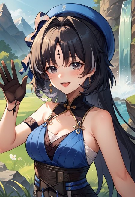 score_9, score_8_up, score_7_up, source_anime, 1girl, yangyangdef, grey eyes, mole under eye, black hair, long hair, hair intakes, multicolored hair, forehead mark, medium breasts, earrings, jewelry, hat, beret, blue headwear, black bow, bare shoulders, blue dress, sleeveless, arm strap, cleavage, chest sarashi, black gloves, single glove, black skirt, tassel, black pantyhose, black footwear, high heel boots, standing, open mouth, smile, waving, blush, looking at viewer, outdoors, grass, nature, rocks, waterfall, mountain in the background, sun, facing viewer, upper body, <lora:Yangyang_v1-000010:1>