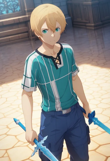 masterpiece, best quality, intricate details, (3d:0.4), , 1boy, solo, male focus, <lora:eugeo_sao_ilxl:0.9>, eugeo_sao, blonde hair, green eyes, bangs, hair between eyes, short hair, holding sword, , Cargo jogger pants, Striped shirt, , ,