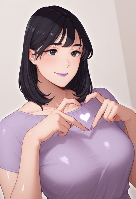 , 1girl, solo, medium build, medium hair, sfw, safe for work, covered skin, flowy dress,  black eyes, purple lipgloss, smiling, portrait, upper body, heart hands, mature female, foreshortening, detailed, newest, shiny skin, cowboy angle, solo focus, medium breasts, kgt