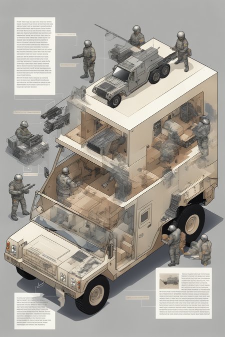 <lora:Isometric Cutaway:1>,Isometric Cutaway - An Image illustrating the instructions for the installation of armored vehicles. The background shows the armored vehicle installation scene, accompanied by illustrations or pictures that demonstrate the correct installation steps. The accompanying text instructions are presented in a clear and understandable manner, helping users to easily complete the installation of the armored vehicle.