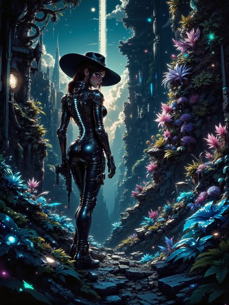 highly detailed sci-fi cyberpunk western scene, movie poster style, twilight, in the background lie the ruins of a long-abandoned alien city reclaimed by otherworldly vegetation, the foreground features a side view of a sexy and gorgeous, cybernetically enhanced female bounty hunter as she stalks through the eerily quiet streets, the alien city is ancient, with sleek, towering spires that reach high into the mist, metallic surfaces faded and chipped, yet faintly gleaming in the low light, mysterious technological structures rise from crumbling pathways, intricate and alien in design, a testament to an extinct, highly advanced civilization, in the background, strange, skeletal spires loom with faintly flickering lights at their tips, casting a cold glow over the abandoned ruins, a blend of sleek alien architecture and encroaching nature, twisted phosphorescent vines coil up the walls, faintly glowing moss creeps over shattered holographic displays, clusters of translucent, ethereal blossoms emerge from cracks in metallic surfaces, each blossom containing a dark, shifting core, adding to the otherworldly ambiance, other strange flora fill the scene, with long, sharp leaves glowing in varied neon hues of blue and purple, while plants with gelatinous, translucent fractal membranes dangle from broken structures, bioluminescent spores drift lazily through the air, adding faint pinpoints of light across the scene, in the foreground, the bounty hunter moves forward with practiced silence, her dark, elegant armor faintly illuminated by ghostly lights, cybernetic enhancements gleaming across her form, her dark wide-brimmed western-style hat casting a shadow over her face, giving a subtle nod to the rugged western style, her visor pulses softly, analyzing the alien surroundings, weapon at the ready, her posture radiates caution and precision, eyes fixed on something in the distance, medium close-up, low-angle shot, emphasizing the towering alien structures and casting the bounty hunterâs silhouette in stark relief against the backdrop of colossal spires, the lighting is dim and haunting, a mix of harsh artificial light from flickering alien technology and ambient glow from bioluminescent flora, creating an atmosphere of mystique and danger, faint beams of light stream through gaps in the spires, casting elongated shadows across the scene, ultra-high-resolution digital painting, intricate textures highlight the bounty hunterâs high-tech enhancements, wide-brimmed hat, and the ruinsâ aging alien architecture, muted colors with cold blue and green highlights, intense contrast between artificial lights and natural shadows, hat with a straight brim, gun pointing up, weapon readied, cyan glowing spores drifting through the air, dappled lighting, dark corners, intricate details, highly detailed sci-fi cyberpunk digital artwork in the style of cknc, <lora:ultima-flux-by_sterlingangel:0.44> <lora:faetastic_details-flux-by_faeia:0.84> <lora:style-neurocore_anime_cyberpunk-flux-by_chronoknight:0.72>