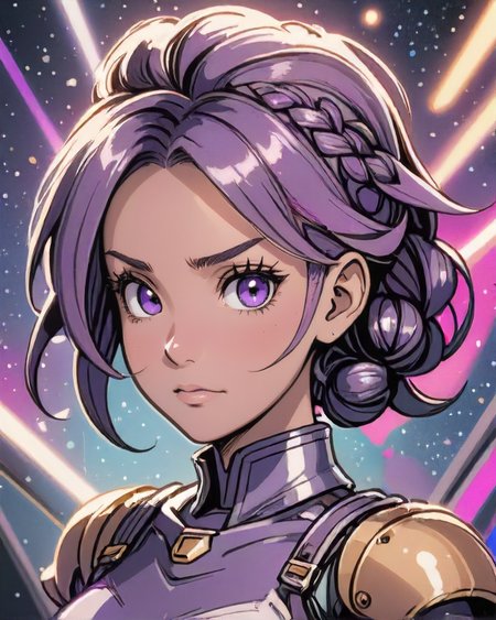 comic style, Excited 1girl, natural colored eyes, Sophisticated braided updo, dynamic pose, determined expression, <lora:EnvyCharacterPortraitHelperXL01:0.8>, BREAK   solo, from front, front view, half shot, looking at viewer, detailed background, detailed face, (<lora:DonMSt33lM4g1cXL-v1.1:0.41> DonMSt33lM4g1cXL theme:1.1)  planewalker, star sign,  calm composure, mythical, sagittarius,   patterns, interstellar energy,  bright dark-purple lights, cosmic light,  bloom, metaphysics, reincarnation, floating particles, cosmic dust, backlighting, cosmic space background,  ethereal atmosphere,