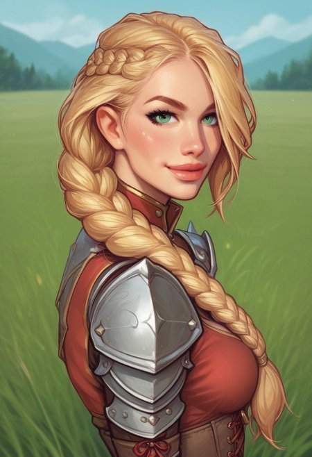 1girl, illustration, looking at viewer, highly detailed, from front,1girl, looking at viewer, highly detailed, skinny, looking at viewer, 1girl, masterpiece, best quality, full body portrait, 1girl, <lora:agrias-nvwls-v3:1> agrias, armor, corset, dark red dress, brown gloves, weapon, cross-laced boots, looking at viewer, sidelocks, braided ponytail, light green eyes, Romance, sci-fi, artificial intelligence, highly detailed
BREAK 
slight smile, looking at viewer, 
BREAK 
long hair, blonde hair, hair over one eye, big hair, 
BREAK 
best quality, depth of field, bokeh, (((full clothed)))  (best quality, high detail), ((masterpiece)), <lora:1_ino_20e:1>
BREAK 
((((((field, mill)))))) score_9, score_8_up, score_7_up, score_6_up, source_cartoon, rating_explicit, Expressiveh, (((((upper body))))), dynamic pose