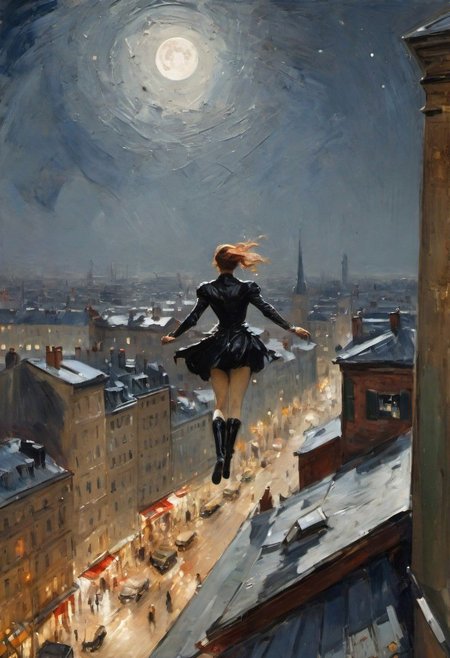 impressionist painting by Berthe Morisot, very rough painting with visible paint strokes, (dynamic_angle), 
Batwoman swinging between buildings, burning midnight costume, high boots, clothes like midnight full of stars, Night light, sharp shadows, moon lit, 
looking out over city, City landscape, dystopian city, crowds of people, 
standing high above stret, illustration,