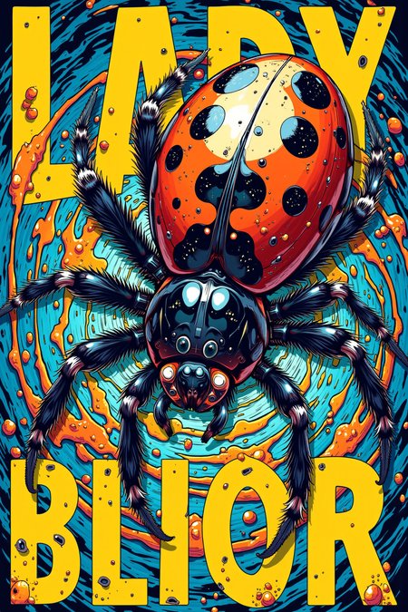 Manga style Poster with bold large fonts and graphics, Digital illustration of a ladybug spider with red and black spotted body, set against a swirling, colorful abstract background, detailed web-like patterns, vivid colors like blue, orange, and yellow, realistic texture, and glossy finish, dramatic lighting, intricate details on spider anatomy, highly dynamic and surreal composition, bright and contrasting colors creating a visually impactful scene, fantasy-inspired, with detailed highlights and shadows.
