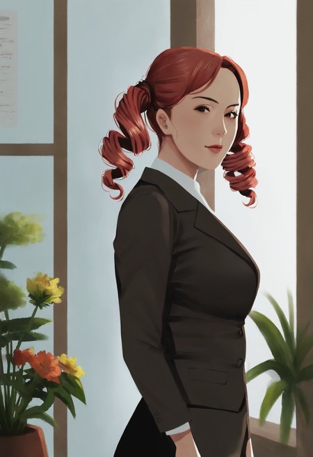 score_9, score_8_up, score_7_up, source_anime, 1girl, large_breasts, mature_female, portrait, solo, looking_at_viewer, open_eyes, Standing, pretending to smell a big flower, rotated, (Red business suit), tri drills, bouffant, Red hair, hotel room, group_profile, rating_safe, <lora:pony\artist_styles\nelson_pony:1.0>