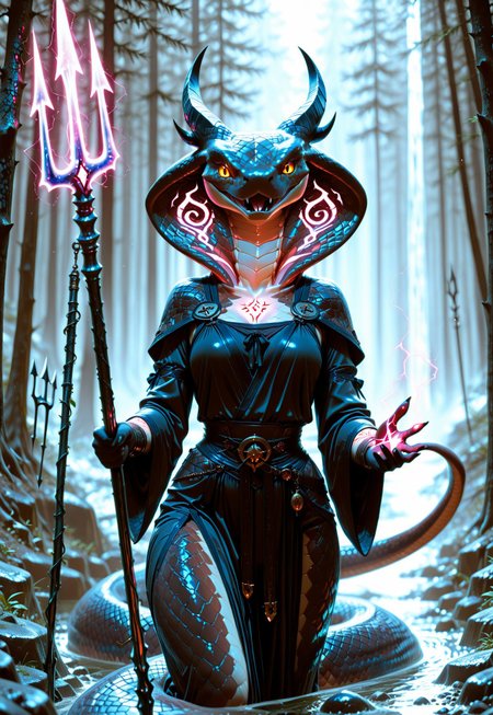 1girl, solo, DDCH Naga, ((snake head)), ((black scale)), ((horns)), ((ritual tattoos, glowing tattoos)), ritual clothes, ((one trident weapon, violet electricity trident weapon, in two hands)), ((Points the weapon at the viewer)), snake tongue, gold eyes, ((snake tail Instead of legs)), ((one tail)), ((detail head view)), BREAK, ((dynamic close up view,)), (((dynamic angle))),  BREAK, (((dark night))), rocks, swamp background, 
HDR, 8k, high contrast, masterpiece, best quality, amazing quality, very aesthetic, high resolution, ultra-detailed, absurdres, perfect lighting, volumetric lighting, dramatic shadows, (dark light), cinematic lighting, (sharp image), safe, scenery, (perfect anatomy, perfect hand anatomy, perfect face anatomy, perfect eyes anatomy, perfect mouth anatomy), perfect lighting, (sharp image), perfect anatomy, Focus face, (sharp focus),  ILXLpos, dynamic pose, foreshortening, extreme perspective
