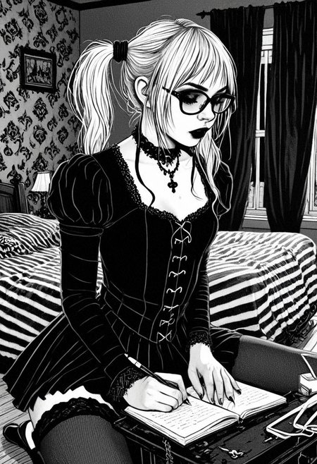 gothic, digital illustration, flat colors, line art, black and white, nerdy 18 year old goth girl writing in her diary, glasses, blond, pigtails, short skrit, inside her bedroom, sexy, creative angle,