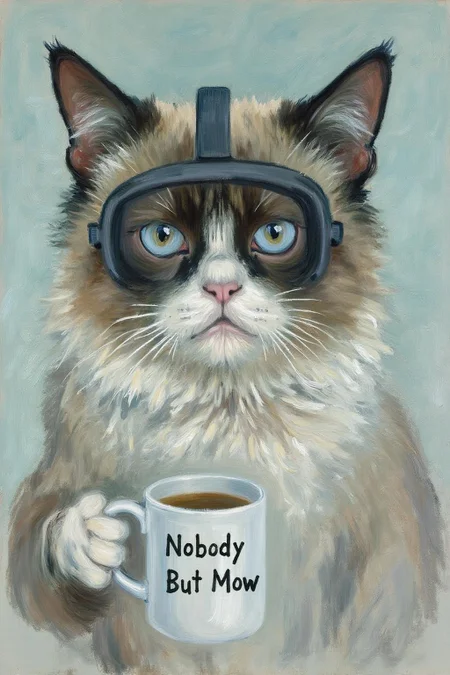 claudemonet1 painting. 
Grumpy Cat holding a coffee mug, wearing a VR Headset. The mug has the phrase "NobodyButMeow" printed,
 <lora:claudemonet1_cap_d8a4e12:1.0><lora:843590860651364268:0>