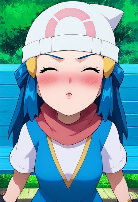 score_9, score_8_up, score_7_up, source_anime,
pokemondawn, <lora:pokemon-dawn-ponyxl-lora-nochekaiser:1>
1girl, solo, pokemon dawn, (blue hair), sidelocks, (long hair), (((blue vest))), (((vest with yellow outlines))), (white shirt), cute, arm up, fingerless gloves, black gloves, bracelet, jewelry, red scarf, scarf, yellow headwears,
outdoors, nature,
looking at viewer, dutch angle, (anime screencap), anime, 2d, ((official art)), (((upper body))), ((small breasts)), mature female, soft sun light, ((blush)), (arms behind back), closed mouth, closed eyes, incom, facing viewer, ((parted lips)), reaching, girl focus,(bench), sitting, outdoors, forest,grass,full-face blush,embarrassed, from above, (leaning forward), pov, closer face, incoming kiss, looking at viewer