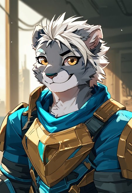 score_9, score_8_up, score_7_up, source_furry,
SFW,
By yelftea, by noctoc, by blackwhiplash, warcraftstyle,
background,sci-fi, rich colors
solo, bust, manul, cyborg, girly guy, tall, athletic,plump, daring, gray fur, white hair, short hair, gold eyes, detailed face, sharp smile, manul tail
 Hydraulic armor, all honeyed and sticky