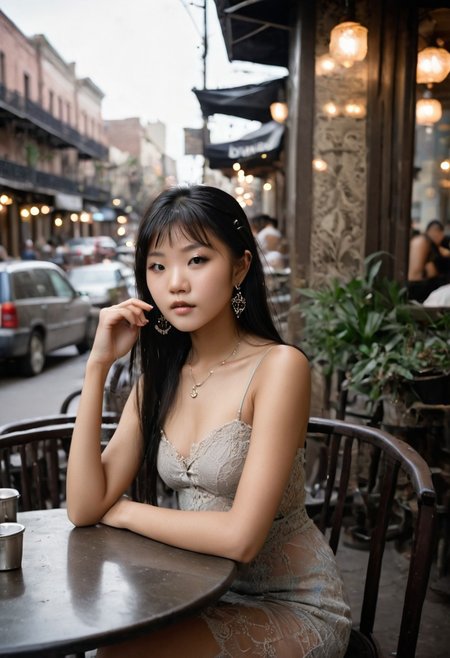 eye catching, majestic Leah Li, Petite, asian, darkskin,, 18 year old Chinese woman, flat chested,  ((no boobs)), straight hair,  earrings, eye liner, long bangs,  4k, very detailed, eyeliner, ((black hair)), ((blunt bangs)), ((slender face)), ((thin lips)),  a cinematic photograph of a woman in a random color translucent lace sundress, sitting at a table in a cafe on the street. New Orleans
intricate jewelry, necklace, earrings, rings, bracelet, top unbuttoned, wind lifting a short skirt, stockings, long wavy hair, street lamp, potted flowers, tables of the summer cafe, a rag tent on the cafe,, giving the viewer a seductive look, OverallDetail, eye catching, drab, OverallDetail, LeaLi, coffeeyadream,  holding coffee, full body view