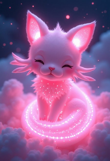 A full wide view of the mythical Pokémon "Mew" as a cat filled with bioluminescent lit soft pink, cute dynamic colors, starry background with puffy white clouds, adorable, floating (belly rubs) , highly detailed beautiful Mew (happy) , feline style Mew, sparkling cat ears, extreme contrast and saturation, magical fantasy artwork, ultra high quality, dramatic lighting, extreme contrast, HDR, photorealism fantasy, unreal engine 5 florescent light, wallpaper, glowing outer ring (circular)