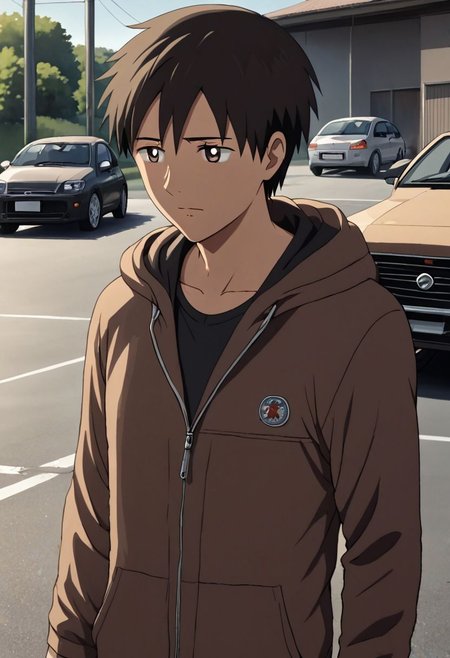 high resolution, solo, best quality, 1Boy, Takaki Toono, Brownish Hair, Brown Eyes, lounge suit, hoodie, car garage, OverallDetail