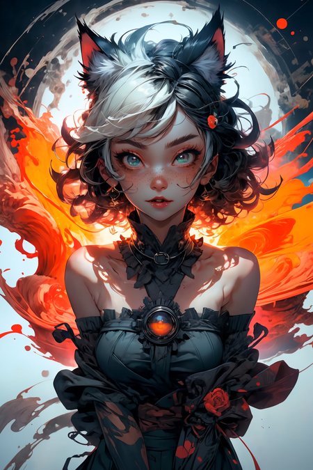 cat ears, (best quality, masterpiece1.2), (detailed eye:1.2), intricate detail, depth of field, cat ear, 1girl,upper body,  curly hair, fang, off shoulder, heterochromia,  freckles, blush, skirt, large breasts, kneehighs, fangs, all fours, from above, cat tail, pov, pov hands, catnip
<lora:more_details:0.4>
 <lora:Cosmic anime-oil fusion v2:0.45> 
<lora:AnimeVibesV3:0.3> animevibes, 
<lora:3DMM_V11:0.5> 3DMM 
<lora:midjourney_20230624181825:0.65> midjourney ,
 <lora:LAS:0.45> cloud,colorful,
<lora:msw_locon-t2:0.5>
 <lora:wuxia2:0.45> gu,
 <lora:CyberpunkStyleV1:0.35> PunkAI ,
<lora:CatgirlMaidV1.0-000003:0.5> CatgirlMaid, shiny, shiny hair, shiny skin, shiny clothes