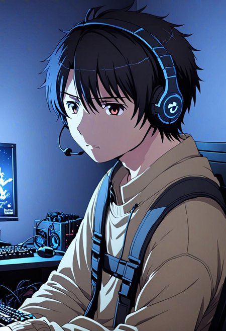 high resolution, solo, best quality, 1Boy, Inaho Kaizuka, Black Hair, gamer, bedroom, night, pc, sit, headset, portrait, OverallDetail
