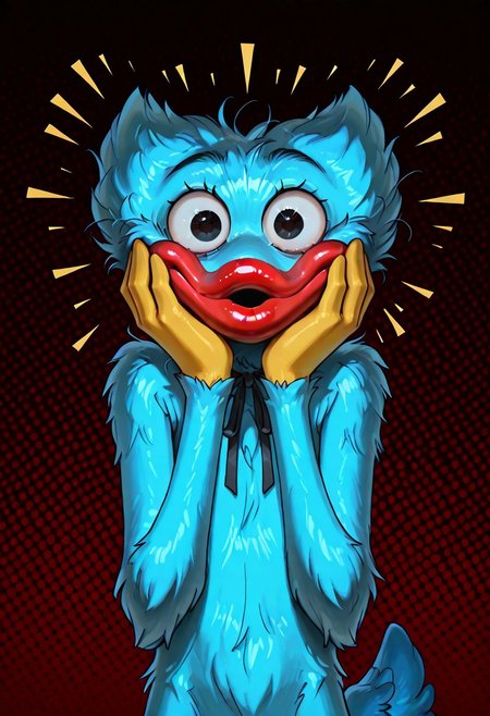 (huggy_wuggy:1.1), long limbs, blue body, 
masterpiece, absurdres, amazing quality, ultra-detailed, no humans, solo, black eyes, dilated pupils, wide eyed,
kaogei, parted lips, :o, shiny eyes, extra fluffy, fluffy body fur, (no ears:1.15), messy hair, thick fur, neck ribbon, skinny, lanky, yellow hands, red lips, o mouth, 
looking at viewer, upper body, hand on own cheek, hands on cheeks, emanata, abstract background, patterned background, perfect lighting, deer tail, blue tail, 
score_9, score_8_up, score_7_up, birdo mouth