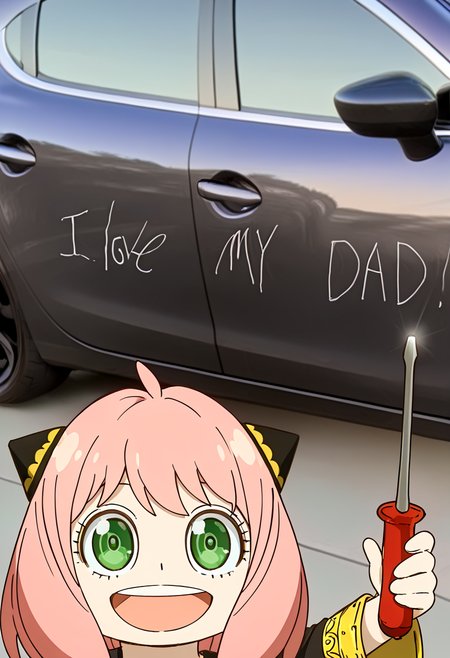 (masterpiece, high quality, amazing detail), i_love_my_dad, meme, holding screwdriver, screwdriver, 1girl, anya \(spy x family\), open mouth, smile, looking at viewer, car, photo background, <lora:I_love_my_dad_meme-000010:1>