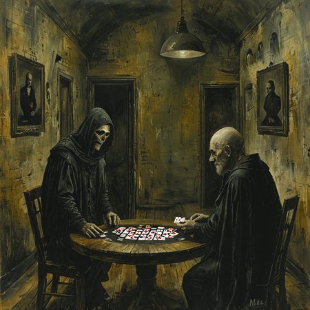 painting of Death and an old man playing cards on a round wooden table in a dark room
 <lora:tbh163-sdxl:1> style of Mike Worrall