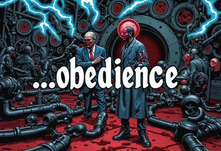 the words ...OBEDIENCE' written in large font fills the front of frame. In the back of frame weird man with in a dark room with checkerboard blue lotus PEOPLE ARE trapped inside machinery, people crushed inside mechanical gears, high gore arms crushed and bent, signs of wailing, people in business suits trapped in machinery. floors with blood on the ground with a white interior cyber tech electricity electical circuits illuminati symbols with brains and vaginas with high technology alchemical background lightning bolts