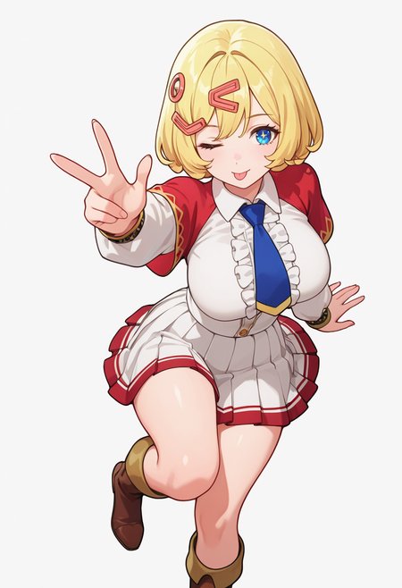 Smooth Quality,masterpiece,very intricate, high quality details, ultra realistic, high detailed skin,detailed enviorement,absurdres,
middle w,solo,
 <lora:Esyne_CNR:0.8> esyne_cnr, blue eyes, blonde hair, short hair,large breasts, hair ornament, hairclip, 
white shirt, blue necktie,long sleeves,red capelet,white skirt, pleated skirt, knee boots, center frills,, simple background, white background, from above,
reclining, one leg over other, arm on backrest, calm, composed,  ,, ;p,