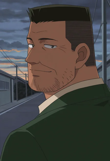 1boy, (close-up:1.5), from behind, looking back, street, light smile, looking at viewer,
BREAK
<lora:Inspector_Yuminaga_from_Detective_Conan_v1.0:1>
inspectoryuminaga, mature male, stubble, black hair, flattop, dark skin,
BREAK
green suit, beige shirt, collared shirt, cloudy sky, dawn, 
BREAK
very awa, masterpiece, best quality, absurdres, newest, perfect quality, detailed background, intricate details, anime screencap,