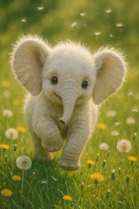 A fluffy, cute tiny elephant cub waddles playfully through a sunlit meadow dotted with vibrant dandelions, its large, round eyes glistening with curiosity. The soft, white fur radiates warmth, while its oversized ears flap lightly with each enthusiastic step. As gentle breezes carry wisps of dandelion seeds into the air, the scene encapsulates a whimsical, carefree moment in nature’s embrace, emphasizing the elephant's joyful exploration. masterpiece raw analog candid photography 