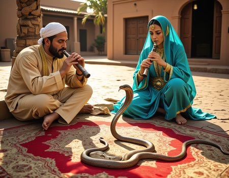 cinematic film still , A sun-drenched square in a verdant desert oasis village, small but vibrant.  A weathered, intricately patterned carpet, deep crimson and gold, lies spread before a male Arab snake charmer. He sits cross-legged, draped in a flowing, beige djellaba, his hands nimbly dancing over the polished, dark-wood flute.  Each note that emerges is clear and resonant, echoing across the still air, punctuated by the rustle of the nearby date palms. Opposite him, a captivating Arab belly dancer, veiled in a shimmering, emerald blue and gold, embroidered belly dancer heram outfit and face veil, gracefully whirls, her movements a hypnotic blend of fluidity and power. The veil catches the sun's rays, creating a halo around her face, making her body and shimmering silver python seem to glow. The python coils around her waist with mesmerizing grace, its scales reflecting the light in sparkling emerald and silver. The warm desert air hums with the hypnotic rhythm of her dance and the music. The scene is framed by the ochre-hued adobe buildings of the village, their doorways and windows opening to reveal glimpses of a bustling yet serene life.
<lora:moroccan-snake-charmer:1> <lora:flux_cultures_age_v308:1> <lora:HaremOutfit_v1.0_000001250:1>, . shallow depth of field, vignette, highly detailed, high budget, bokeh, cinemascope, moody, epic, gorgeous, film grain, grainyâââ