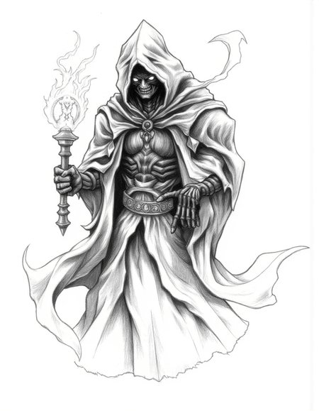 Halloween_Art_Style_Concept, A detailed pencil drawing of a powerful, evil sorcerer with dark, shadowy magic swirling around him. His eyes glow faintly beneath a deep, hooded cloak, his skeletal fingers gripping a staff topped with a glowing orb. His face is sunken, with sharp, angular features, giving him a sinister, almost deathly appearance. The lines of his robe are intricate and flowing, decorated with dark symbols. Shadows envelop his figure, giving him a mystical yet fearsome aura.