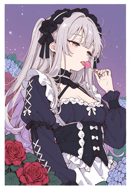 masterpiece, best quality, good quality, newest, highres, absurdres, from below,

pastel cyan eyes, grey hair, multi colored hair, long hair, hair ornament, twintale, 
victorian black maid dress, frilled skirt, half closed eyes, dazed, emotionless, small breasts, cleavage,

1girl, solo, upper body, roses, hand up, licking lollipop, looking to the side, leaf, red roses, black roses, gradient purple background with thick white border,

hydrangea, laced sleeves, Ethereal Brushstroke, Flat vector illustration, rakugakingu, 