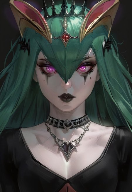 score_9, score_8_up, score_7_up, source_anime, hi res, masterpiece, best quality, highres, Nameless_Style, Gothic, Goth girl, kirlia, 1girl, long hair, green hair, crown, jewelry,necklace,makeup,lipstick,black background,portrait,glowing eyes, upper body, close up