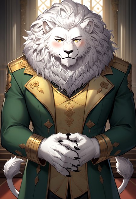 score_9, score_8_up, score_7_up, anthro only, furry only, 1boy, solo,  <lora:BoggartPony-000002>, boggart_(fate), boggart, lion boy, white fur, mane, yellow eyes, lion tail, 1boy, furry male, furry, lion ears, solo, inside, mansion, master bedroom, pov, touching chest, looking at viewer, blush,