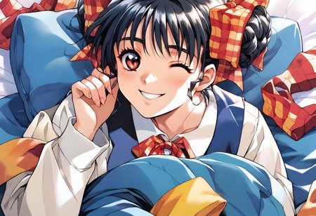 ASCII <lora:pony_xl_narusawa:0.8>,narusawa,score_9,score_8_up,score_7_up,source_anime,1girl, black hair,looking at viewer,one eye closed,school uniform,long sleeves, white sleeves, vest, blue vest, pleated skirt,plaid skirt,socks,loafers,cowboy_shot,smile, happy,  bed, lying on bed, masterpiece, best quality,
