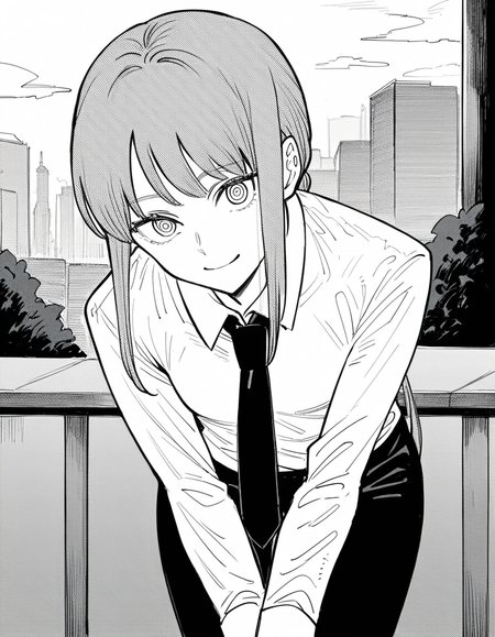 score_9, score_8_up, score_7_up, source_anime,
makima, <lora:chainsawman-makima-manga-ponyxl-lora-nochekaiser:1>,
makima, long hair, smile, bangs, braid, braided ponytail, ringed eyes, monochrome, greyscale,
shirt, long sleeves, white shirt, necktie, collared shirt, pants, black pants, formal, suit, black necktie, shirt tucked in, office lady,
outdoors, cityscape, smile, bent over,
looking at viewer, cowboy shot, dutch angle, solo,