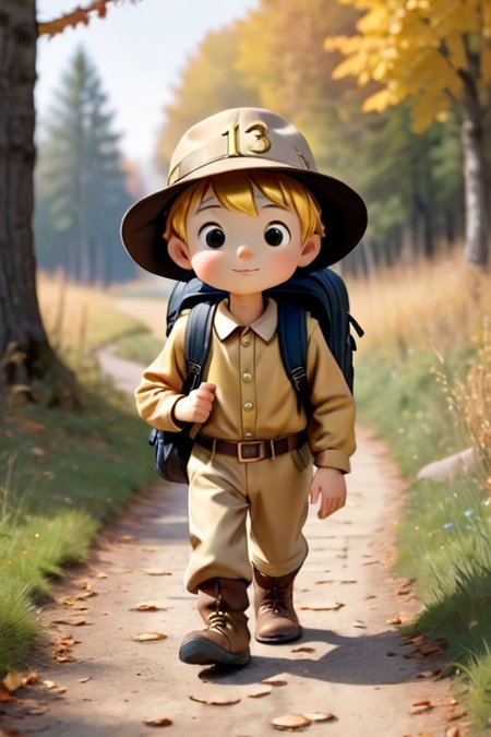 a cute little
front view small golden boy  pilgrim with backpack walking with a walking number 13 in the  cap