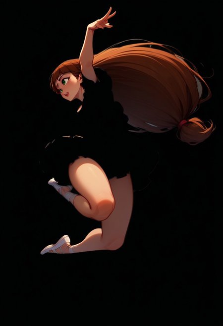 Blend_in, black background, score_9, score_8_up, score_7_up, masterpiece, best quality, absurdres, highly detailed, (high contrast, sidelightning), full body, (from above:0.6), mature, stunning, 
BREAK 
1girl, solo, imtdlilaross, long hair, low-tied long hair, green eyes, blunt bangs, brown hair, hair tubes, corseted ballerina attire, bell tutu, pitch black clothes, (white ballerina pointes), arabesque, dynamic pose, jumping, stage performance