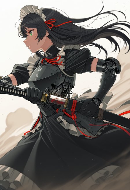 mechabare, artist:[vinne|hataya|itou (onsoku tassha)|yoneyama mai|quasarcake|diyokama|sukabu], 
1girl, single mechanical arm, mechanical parts, robot joints, solo, black hair, long hair, unsheathing, black gloves, katana, holding sword, mecha musume, green eyes, frilled dress, profile, black dress, maid headdress, sheathed, blood, elbow gloves, armor, from side, floating hair, parted lips, scabbard, red ribbon, short sleeves, holding sheath, looking ahead, dust cloud, depth of field, 
masterpeice, best quality, very aesthetic, absurdres