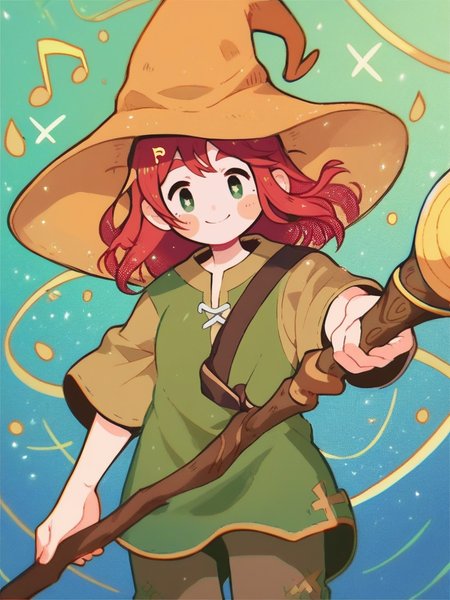 score_9, score_8_up, score_7_up, cute girl, musical note, tunic, magical staff, red hair, big hat, light smile, bright pupils, particles around, splash art, pants, looking at viewer, cowboy shot, smile, cute, wide shot, solo, dutch angle, detailed background, 
 <lora:ANemupan_style:1>, Nemupan,
